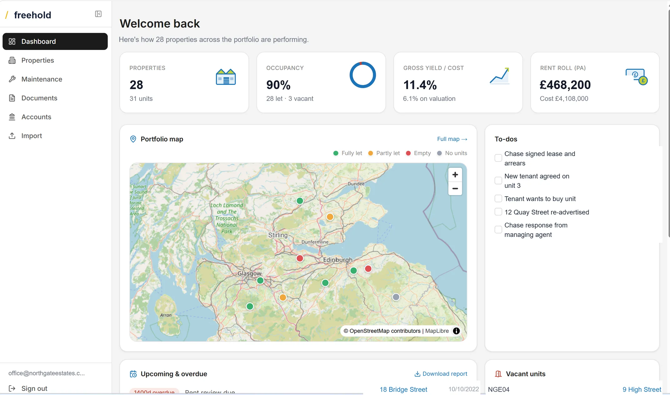 The Freehold dashboard showing portfolio KPIs, a map of sites and outstanding to-dos.