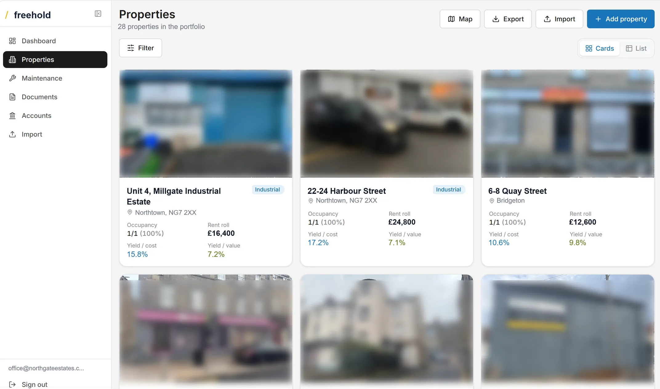 Properties list showing every site with its occupancy, rent roll and yield.
